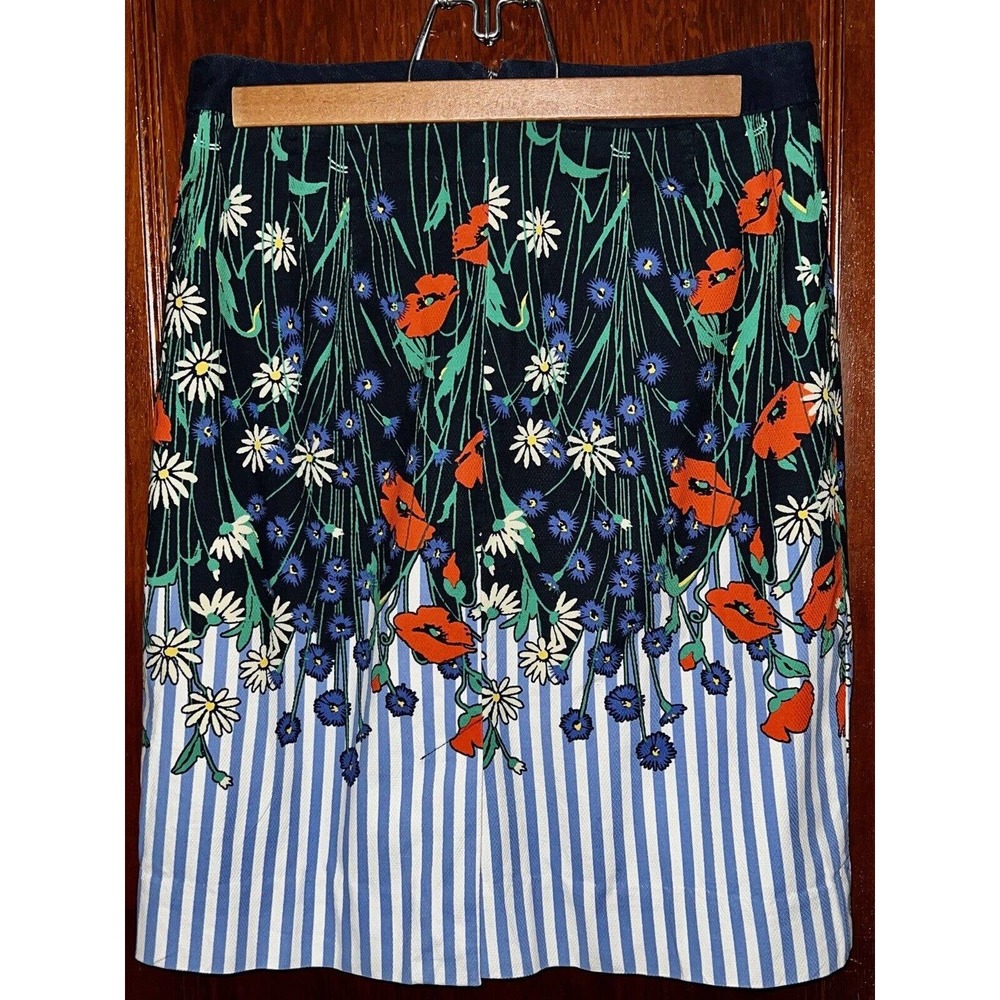 ANTHROPOLOGIE SKIRT 9H15 STCL BLUE WHITE STRIPED FLORAL TEXTURED PENCIL 0